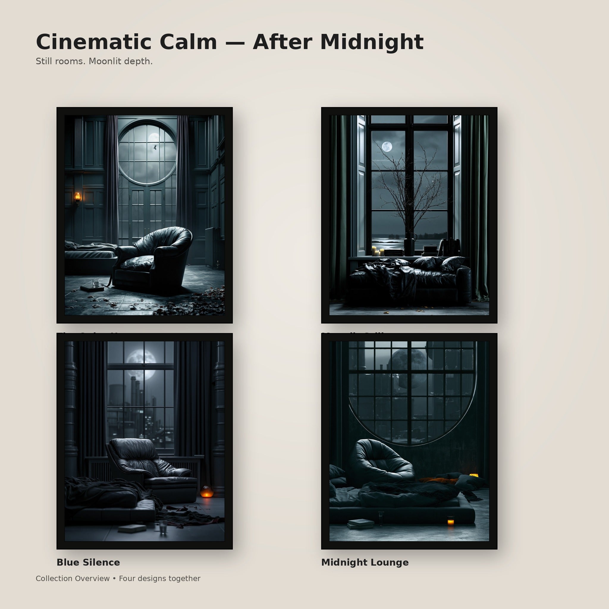 Cinematic Calm After Midnight framed wall art collection for masculine rooms