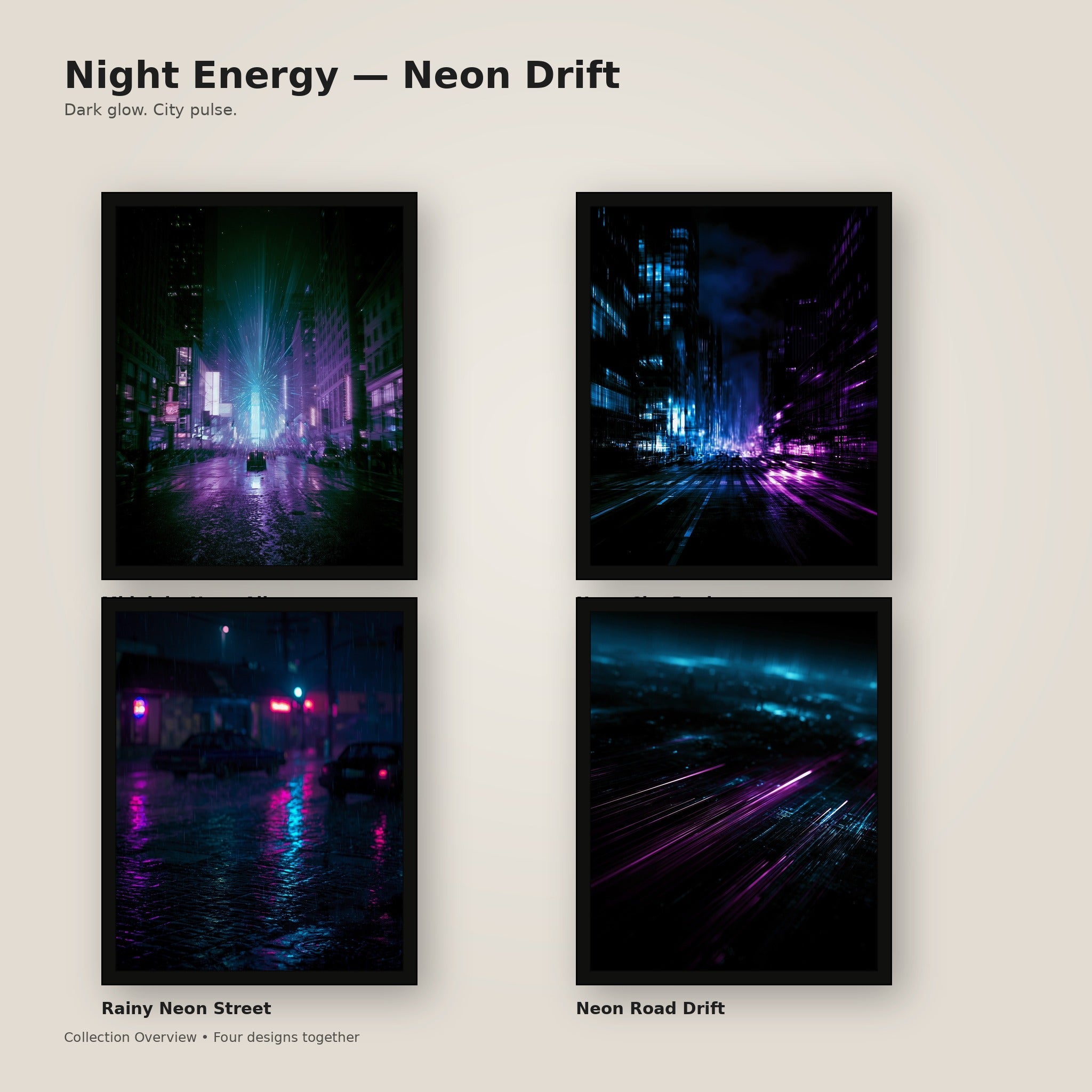 Night Energy Neon Drift framed wall art collection for masculine rooms
