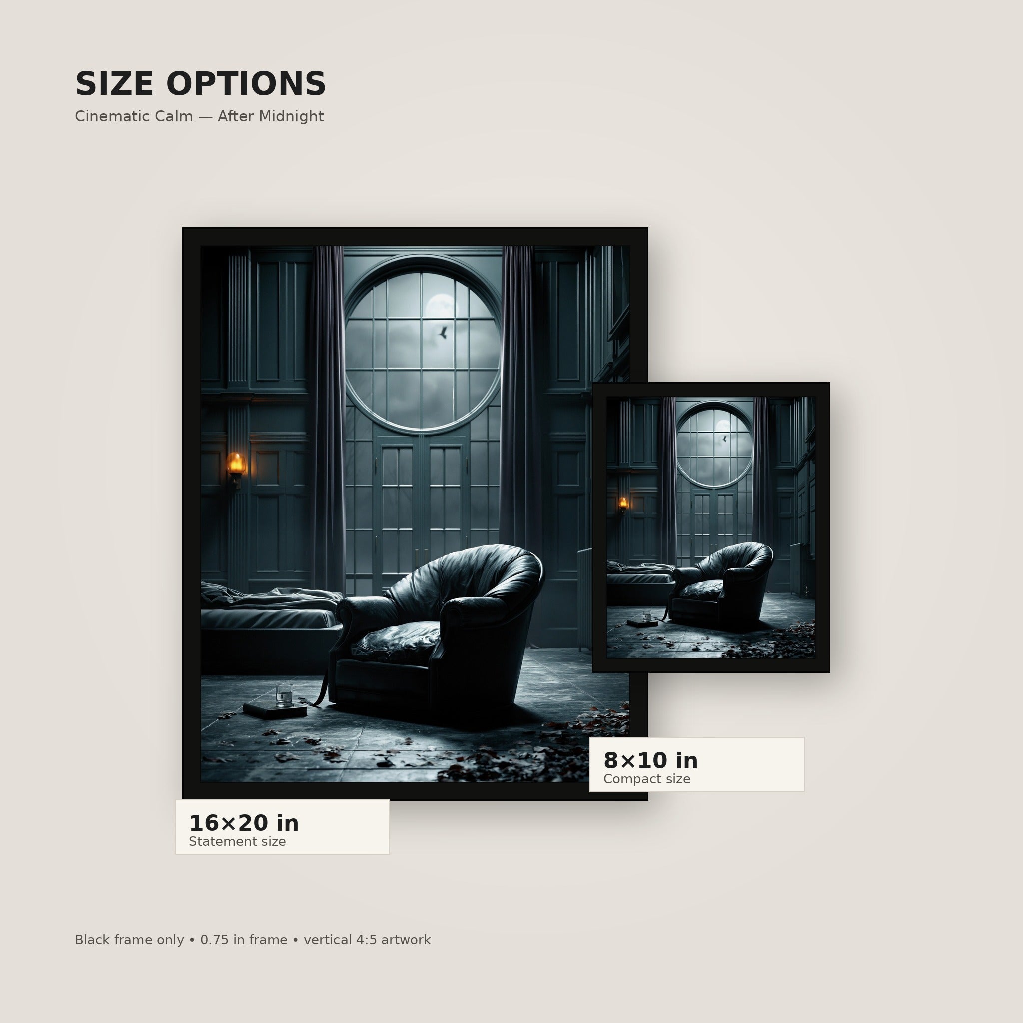 The Quiet Hour flat black frame size comparison