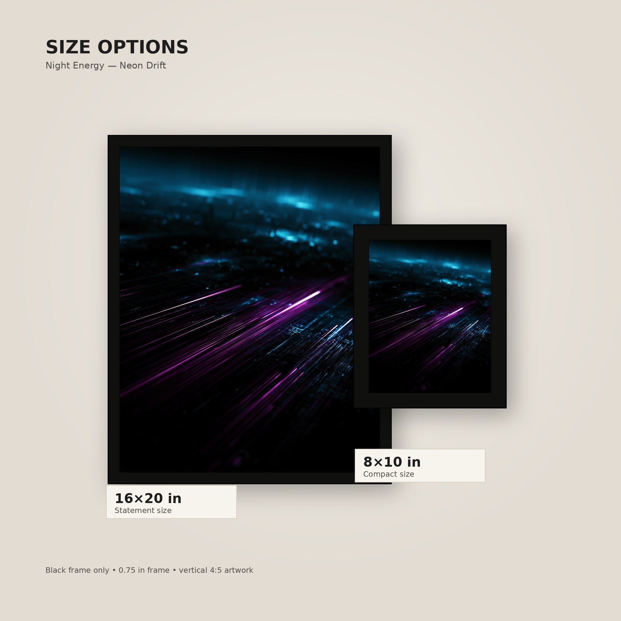 Neon Road Drift framed poster size comparison