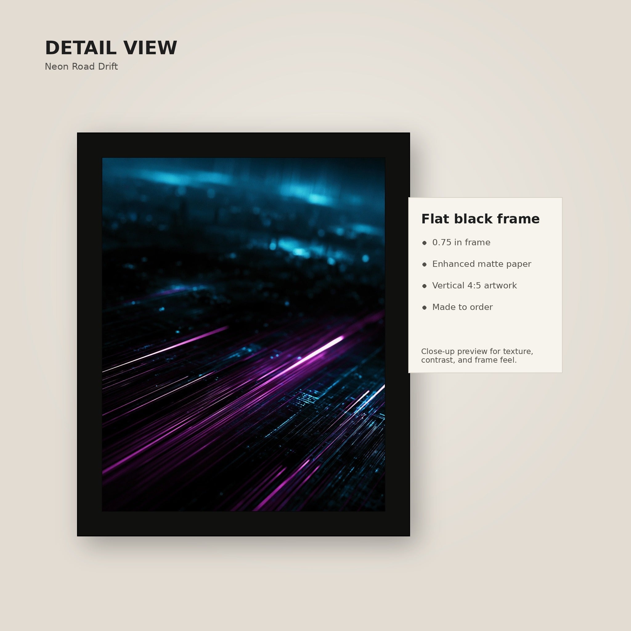 Neon Road Drift framed wall art detail view