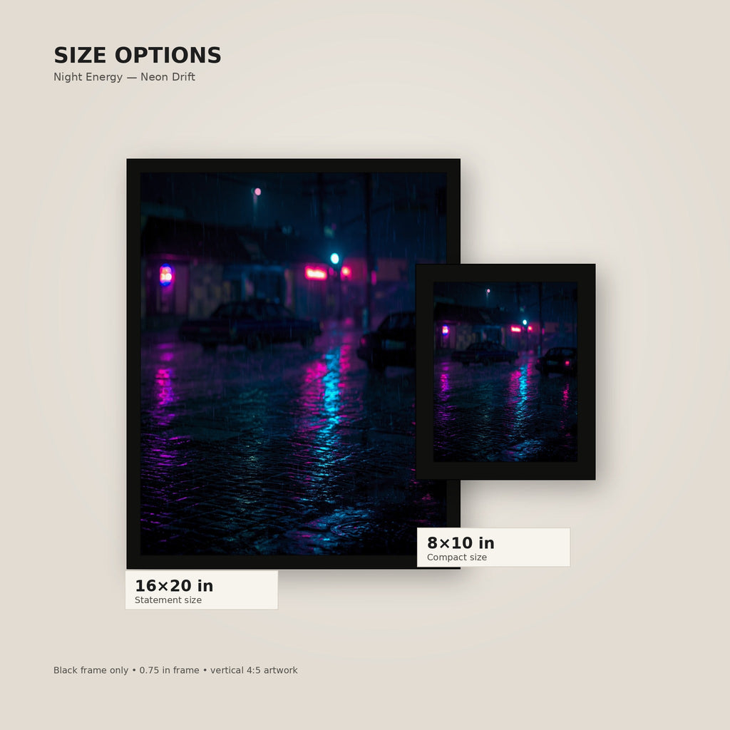 Rainy Neon Street framed poster size comparison