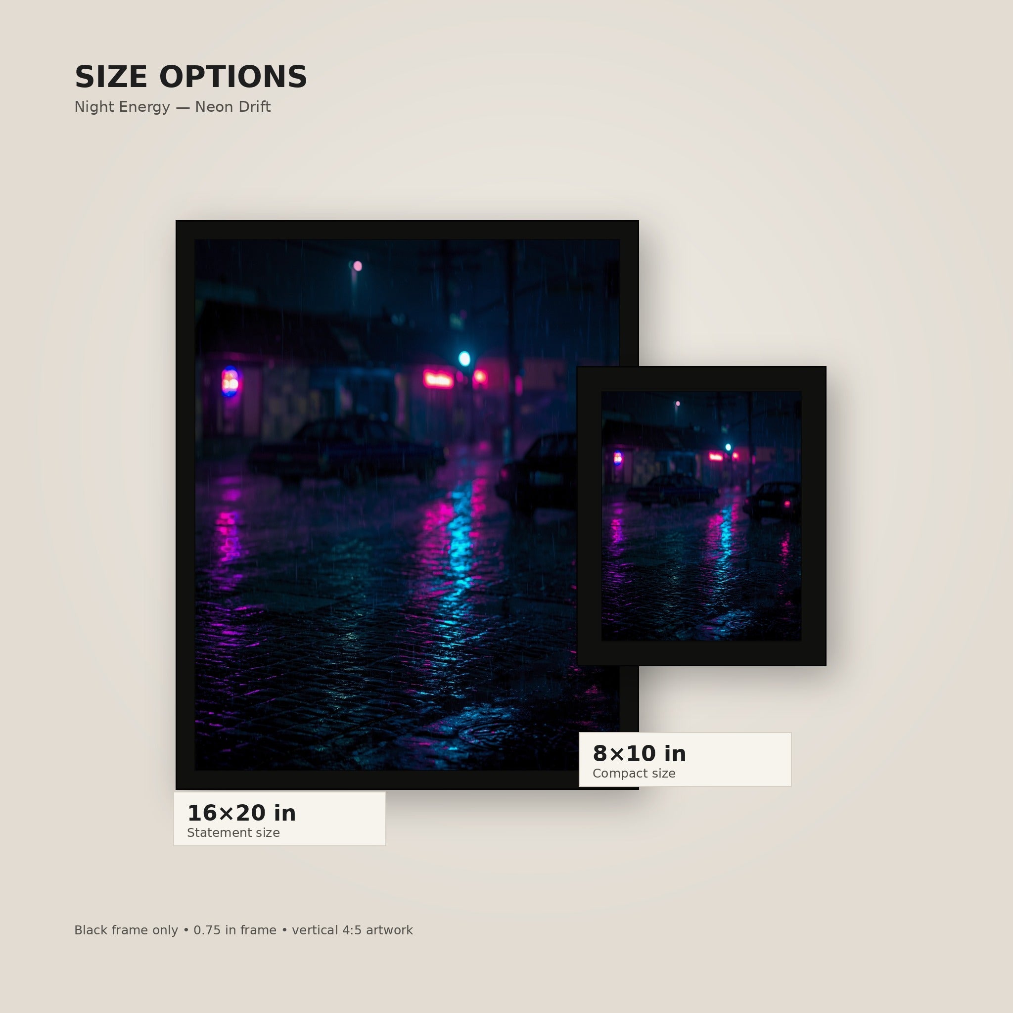 Rainy Neon Street framed poster size comparison